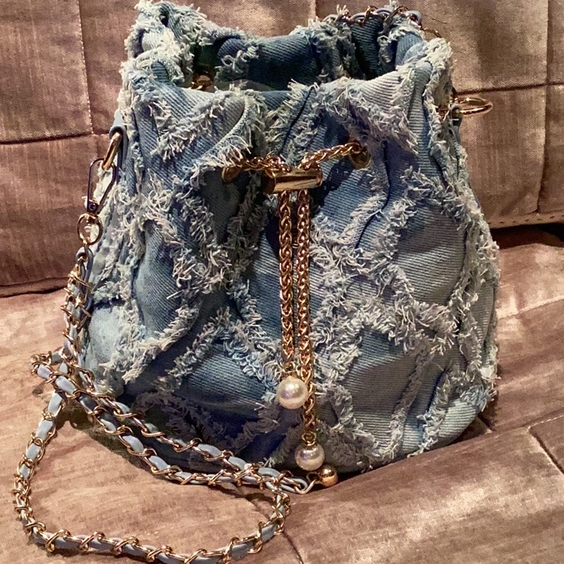 Frayed Edge Distressed Denim Bucket Bag Purse Chain Pearl Gold New